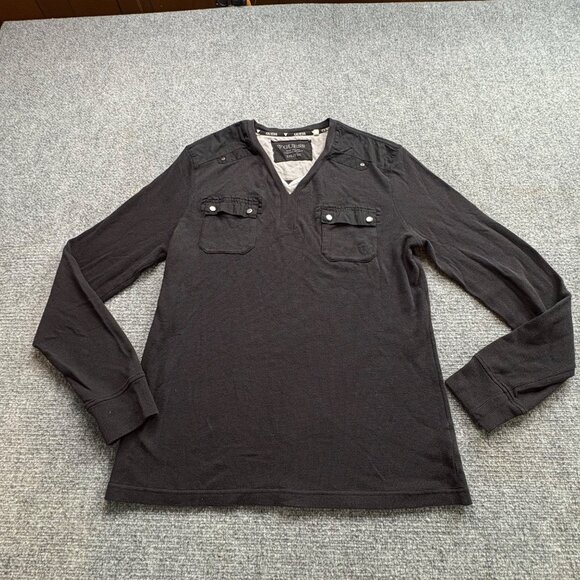 Guess Shirt Mens XXL Black Long Sleeve V-Neck Waffle‎ Knit Henley Runs Small - Picture 1 of 11